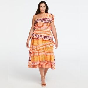 ELLA Rafaella Women's 100% Cotton One Shoulder Ruffle Midi Dress Size 3X NEW